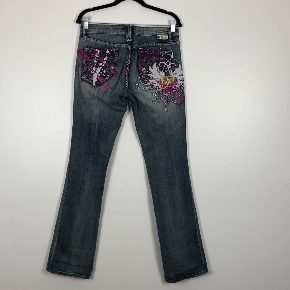Pepe London jeans blue purple splash design bootcut long leg 5 pocket jean Sz 30 - Picture 4 of 6